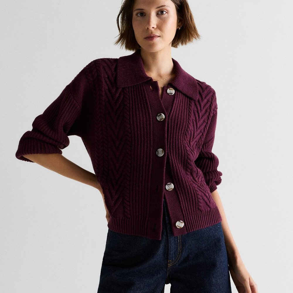 Quince Australian Merino Wool Collared Cable Cardigan Barolo Burgundy XS